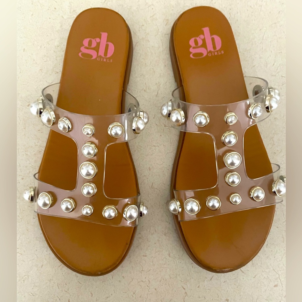 GB Girls Brown Sandals with Pearl Accents